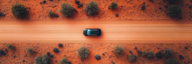 Desert road top view of car driving through the deserted area with dry land along dirt road