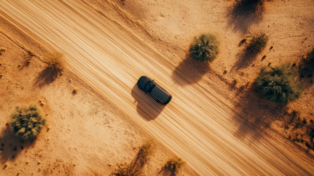 Desert road top view of car driving through the deserted area with dry land along dirt road