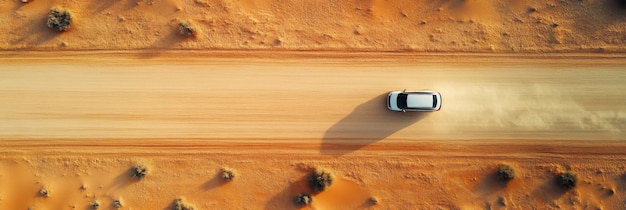 Desert road top view of car driving through the deserted area with dry land along dirt road