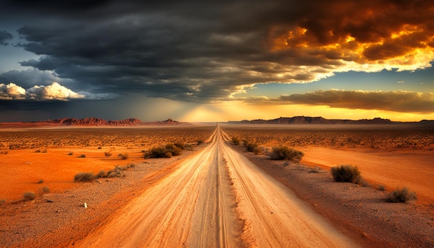 A desert road with a cloudy sky and a dark sky