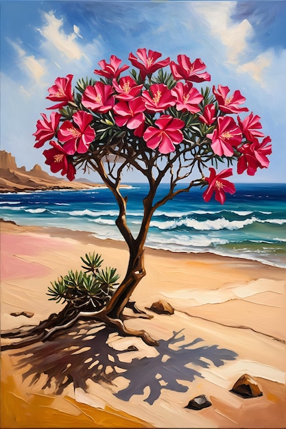 Desert Rose Plants by the Yemeni Ocean Shore Oil Painting on Canvas