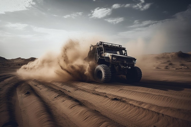 A desert safari vehicle drives through the desert.