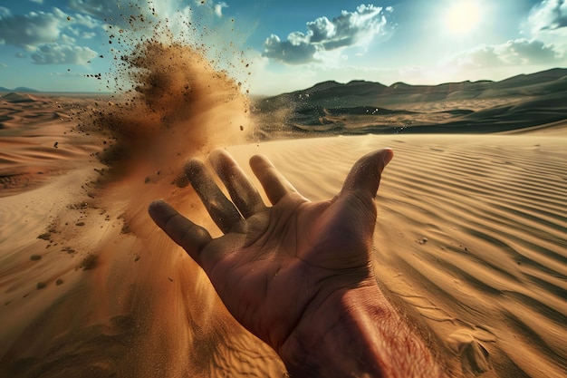 Photo desert sand in hand sand shortage global problems lack of natural resources time is running