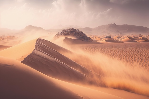 Desert sand landscape Atmospheric scenic imaginary view Clouds and sandstorm Generative AI