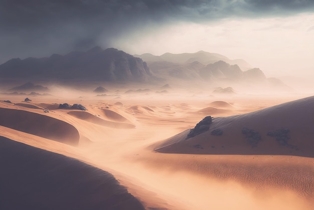 Desert sand landscape Atmospheric scenic imaginary view Clouds and sandstorm Generative AI