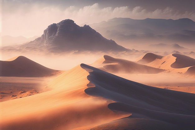 Desert sand landscape Atmospheric scenic imaginary view Clouds and sandstorm Generative AI