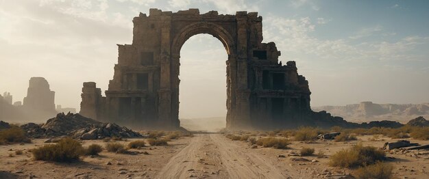 Photo desert sand road leading to a post apocalyptic city skyline ruins ancient stone ruins misty foggy sandstorm