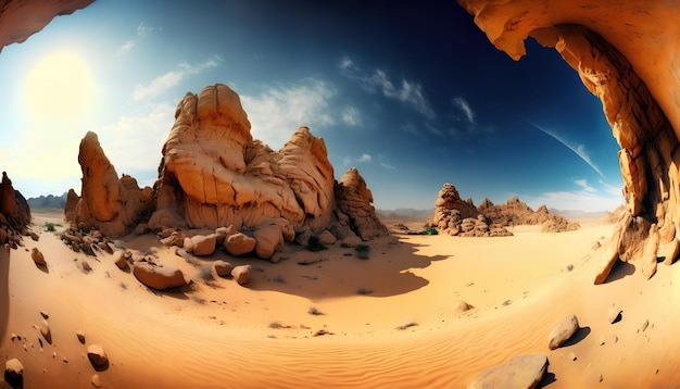 A desert scene and a blue sky