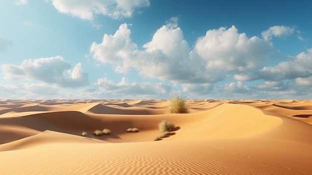 A desert scene with a blue sky and clouds