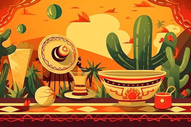 A desert scene with a cactus and a bowl with a hat on it.