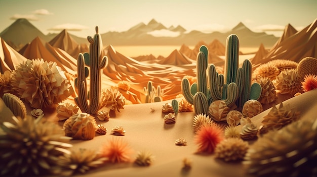 A desert scene with cactus and mountains in the background.