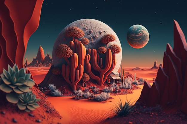 A desert scene with a cactus and a planet