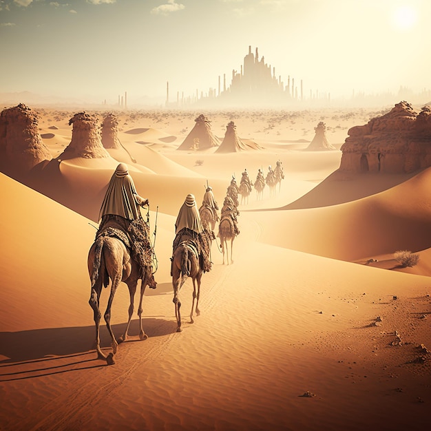 A desert scene with camels and a building in the background.