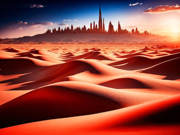 A desert scene with a city in the background and a desert with a city in the background.