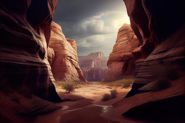 A desert scene with a cloudy sky and a canyon in the background.