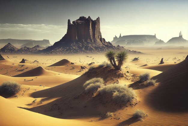 A desert scene with a desert scene and a monument in the distance.