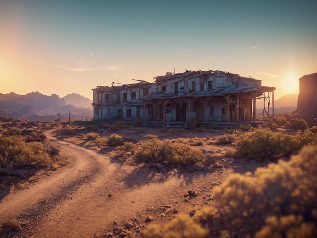 A desert scene with a dirt road and a house in the desert.