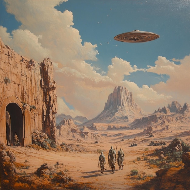 A desert scene with a far off band of voyagers