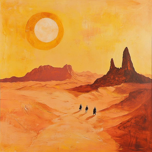 A desert scene with a far off band of voyagers