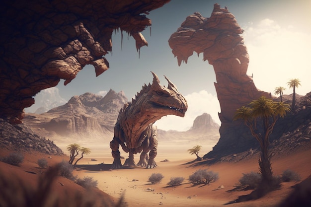 A desert scene with a giant dinosaur in the foreground.