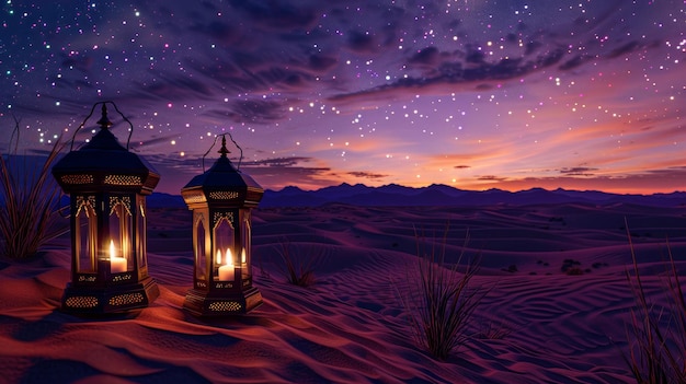 a desert scene with a lantern and a mountain range in the background