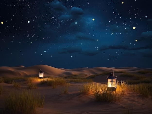 A desert scene with lanterns and the stars in the background