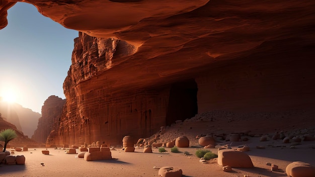 A desert scene with a large rock formation in the background.