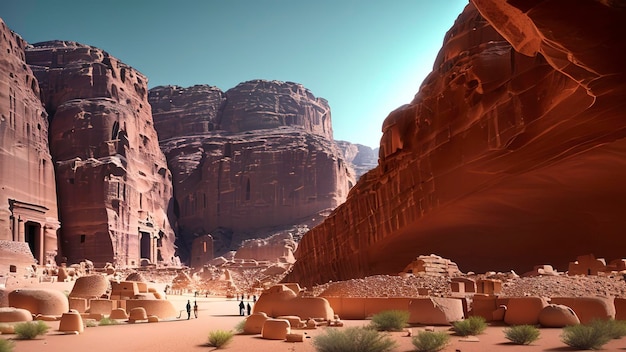 A desert scene with a large rock formation and a monument in the middle.