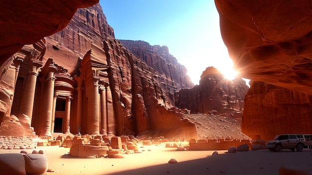 A desert scene with a monument in the middle of the desert.