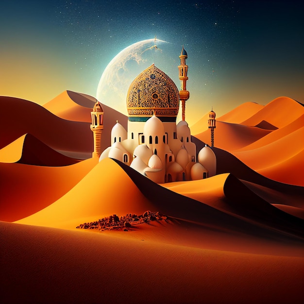 A desert scene with a mosque in the middle of it and a large planet in the background.