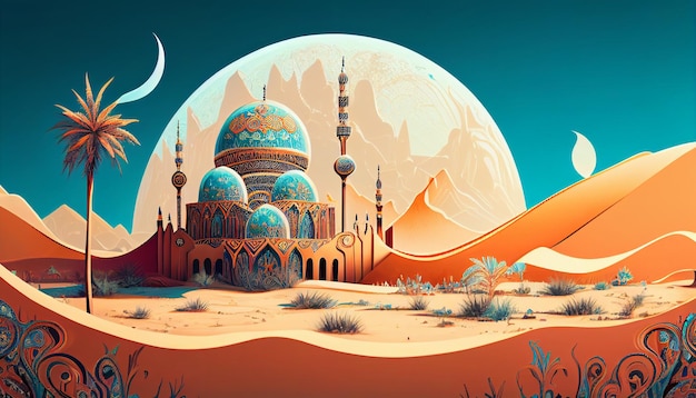 A desert scene with a mosque in the middle and a moon in the background.