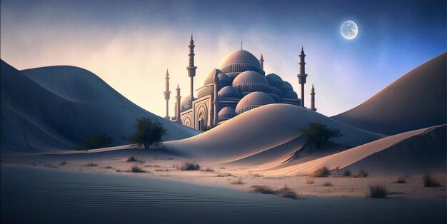 A desert scene with a mosque in the middle