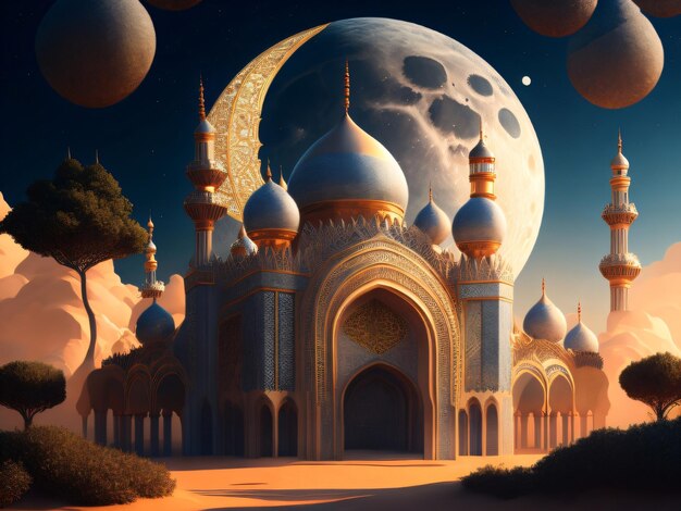 A desert scene with a mosque and moon in the background.