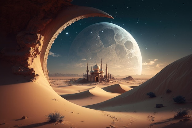 A desert scene with a mosque and a moon  (Generative AI)