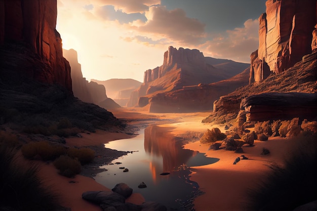 A desert scene with a mountain and a river in the foreground.