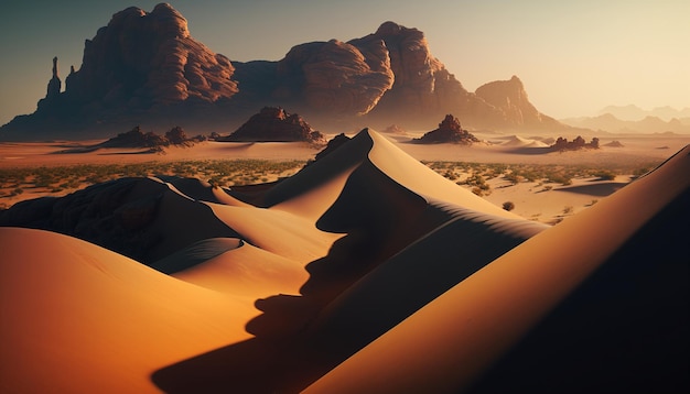 A desert scene with mountains in the background