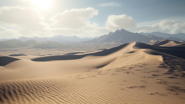 A desert scene with mountains in the background