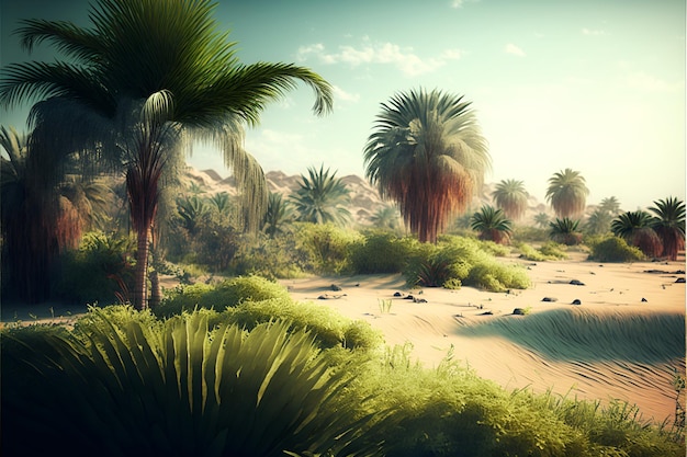 A desert scene with palm trees and desert plants.