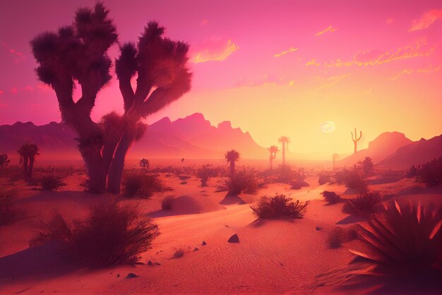 A desert scene with a pink sky and mountains in the background.