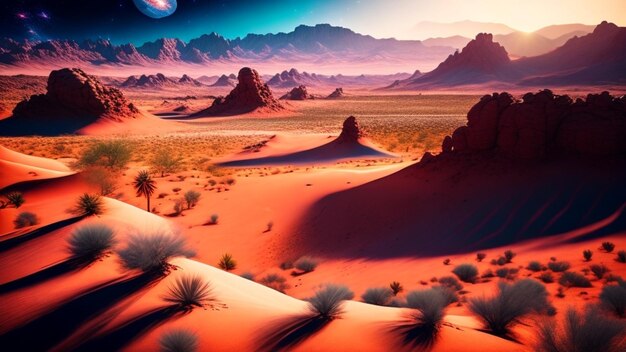 A desert scene with a planet in the background