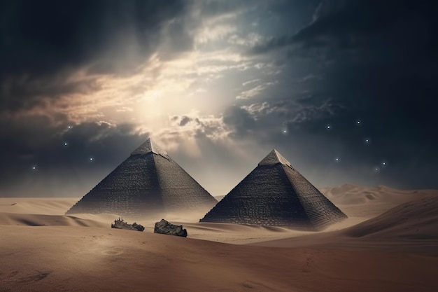 A desert scene with pyramids and a light that says egyptian.