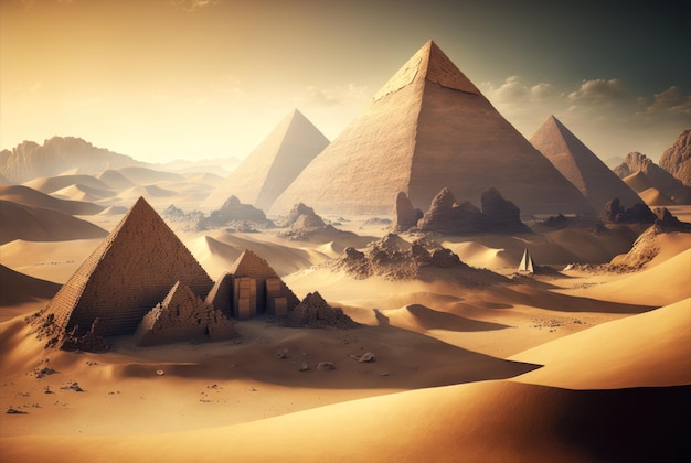 A desert scene with pyramids and a sky with clouds.