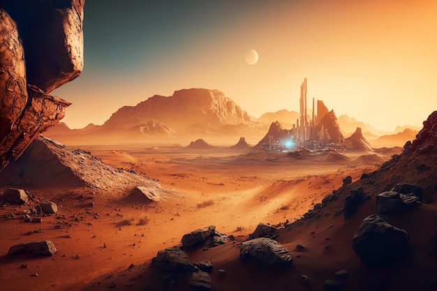 A desert scene with a red planet and a large rock formation