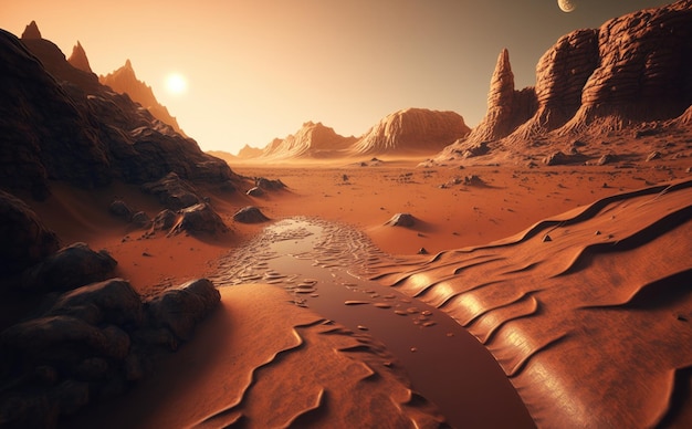 A desert scene with a red planet and a mountain in the background ai generated