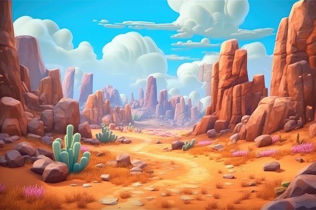 A desert scene with a road leading to the desert.