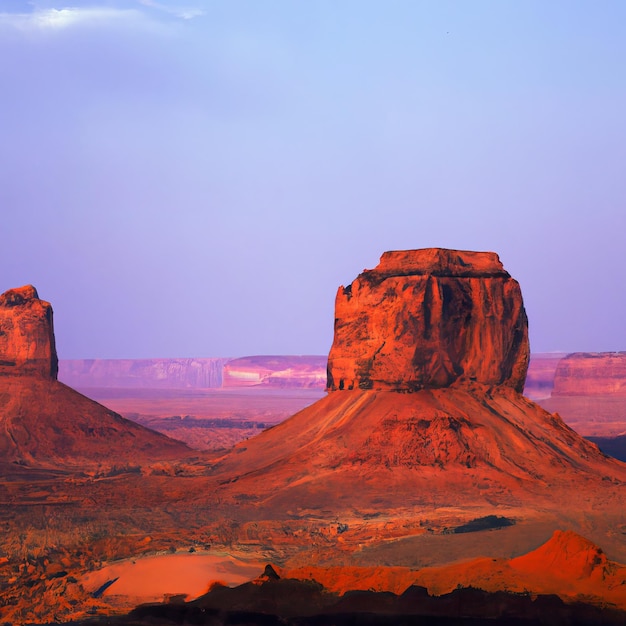 A desert scene with a rock formation and a blue sky.