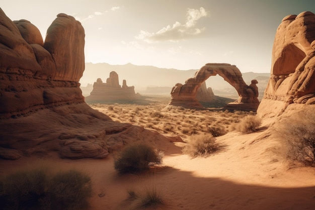 A desert scene with a rock formation in the foreground and a desert scene.