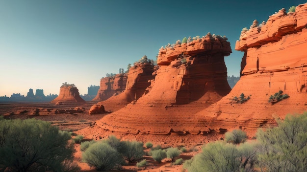 A desert scene with a rock formation and mountains in the background.