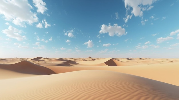 A desert scene with sand dunes and a blue sky with clouds.