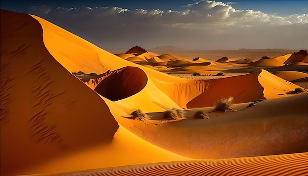 A desert scene with sand dunes and a cloudy sky.